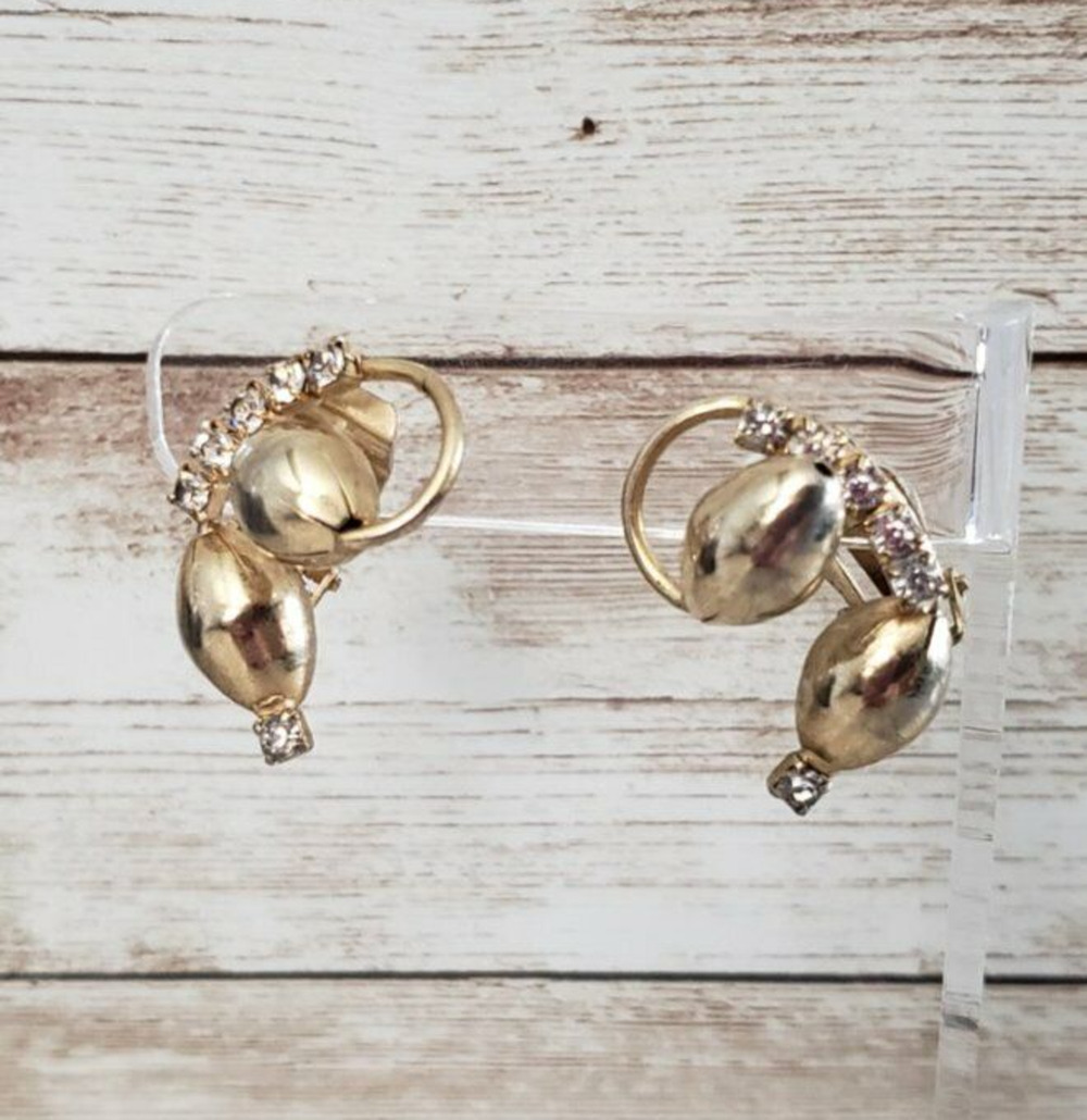Vintage Clip On Earrings - Gold Tone with Clear Gem Unusual